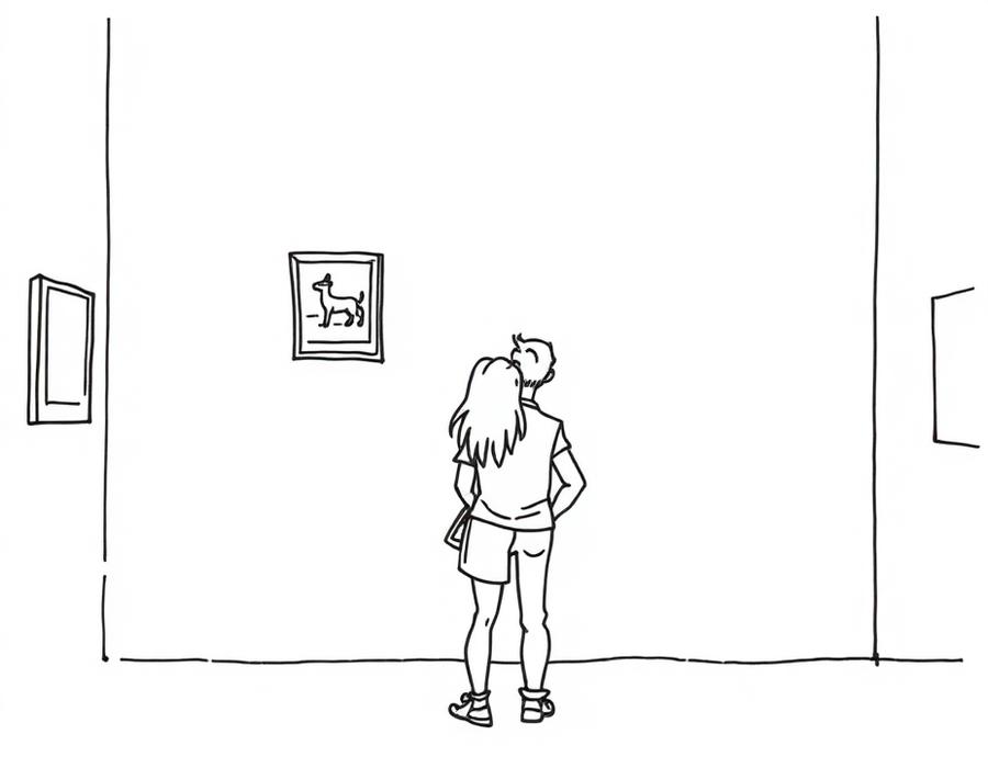 Two tourists squint at a very small painting on a very large Sarasota museum wall.